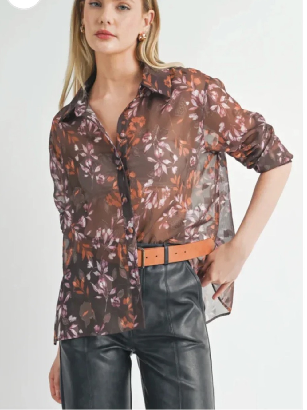Sage Brown Sheer Floral Button-Down Shirt with Pink & Orange Flowers